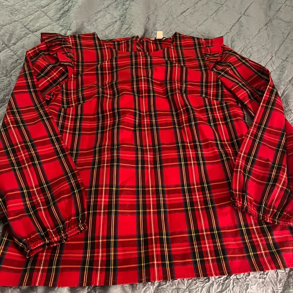 J. Crew Red Plaid Long Sleeve Ruffle Top.  Womens XS